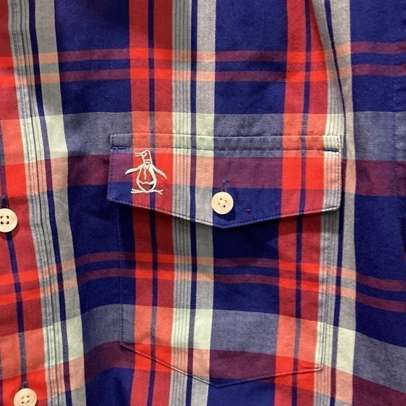 Original Penguin Blue Red Plaid Short Sleeve Classic Fit Button Up Shirt Large - Picture 5 of 11